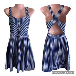 Cooperative Dress Womens Medium Blue White Stripe Skater Cut Out Back Summer Zip